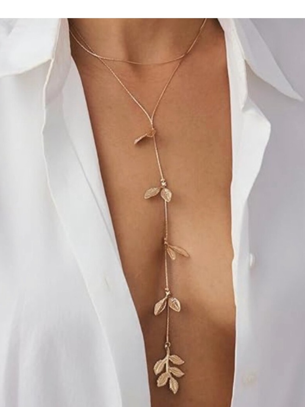 24k Gold Plated Leaf Pendant Y-Shaped Beaded Chain Drop Necklace new